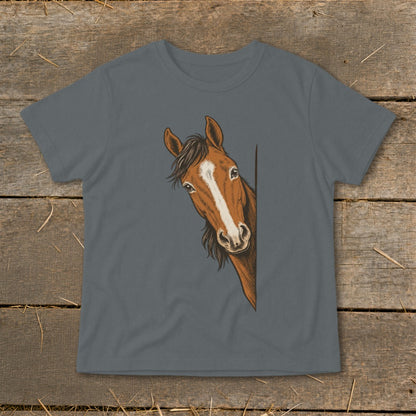 Brown horse peeking around a corner on a gray t-shirt.