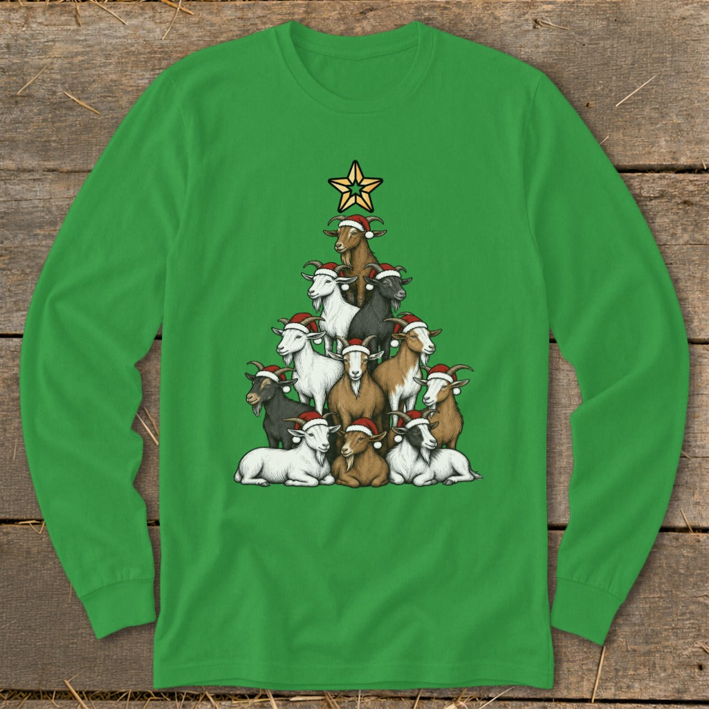 Goats wearing Santa hats form a Christmas tree shape with a star on top.