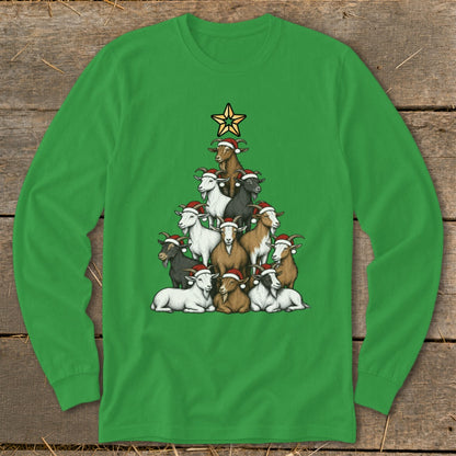 Goats wearing Santa hats form a Christmas tree shape with a star on top.