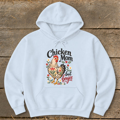 Light blue hoodie with "Chicken Mom but boujee" text and a chicken illustration.