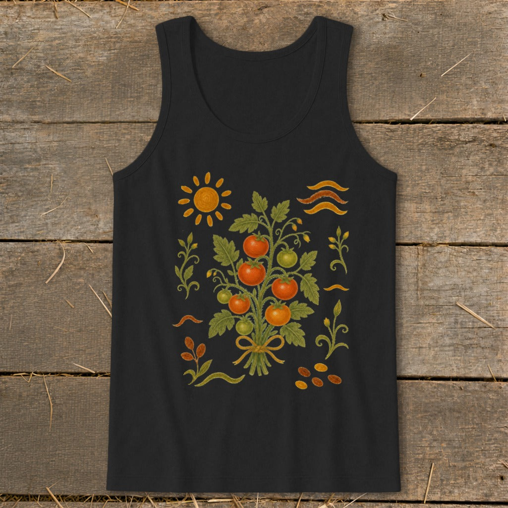 Black tank top with a folk art tomato plant, sun, and seed design.