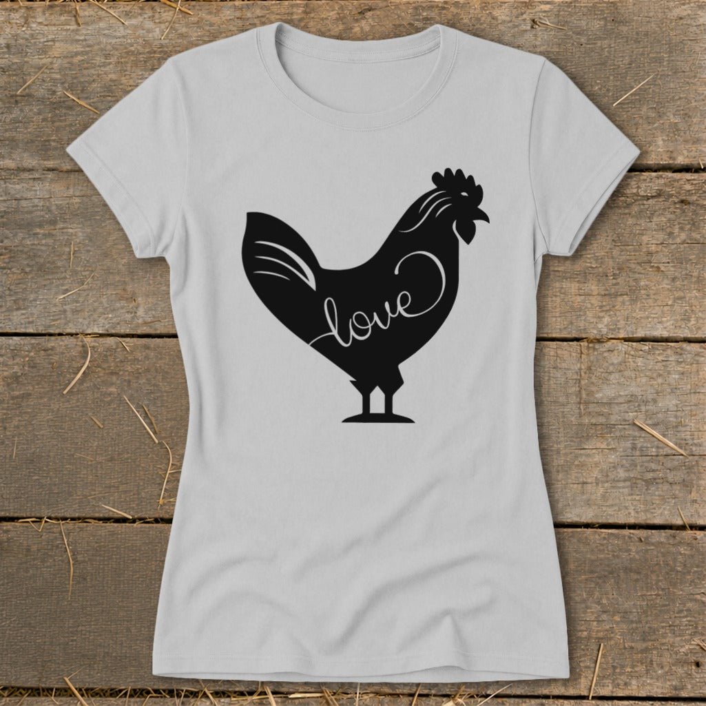Gray t-shirt with black silhouette of a rooster with the word "love" inside.