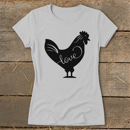 Gray t-shirt with black silhouette of a rooster with the word "love" inside.