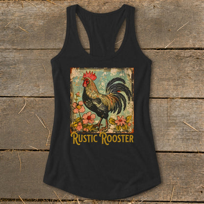 Black tank top featuring a vintage illustration of a rooster with flowers and "Rustic Rooster" text.