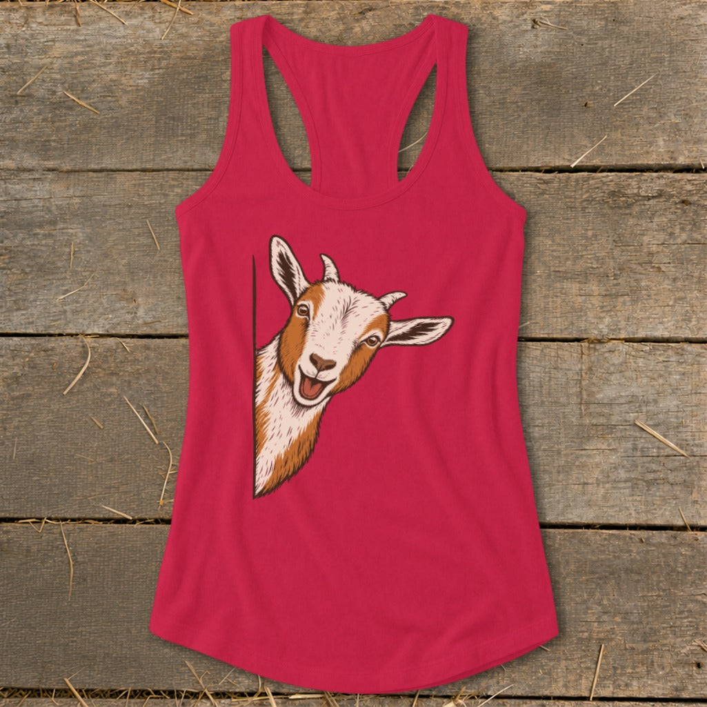 Pink racerback tank top with a curious goat peeking from the side.