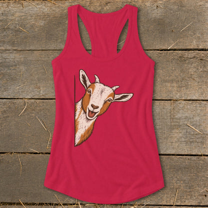 Pink racerback tank top with a curious goat peeking from the side.