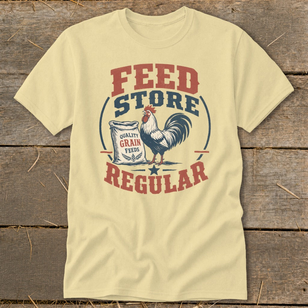 Yellow t-shirt with a rooster, bag of grain, and text "FEED STORE REGULAR".