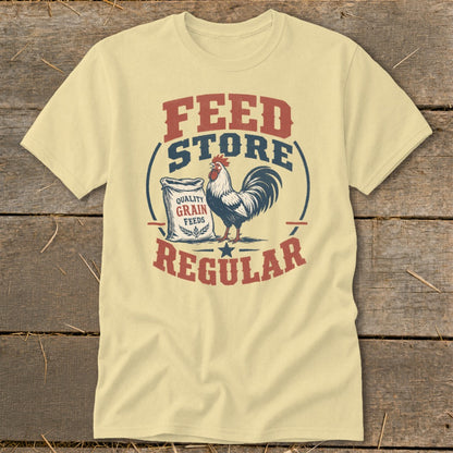Yellow t-shirt with a rooster, bag of grain, and text "FEED STORE REGULAR".