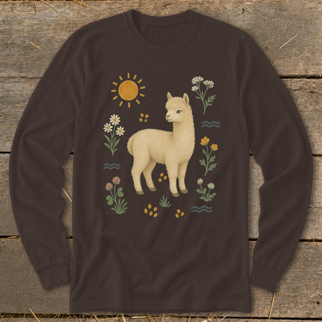 Brown long-sleeved shirt with a beige alpaca among flowers and sun illustration.