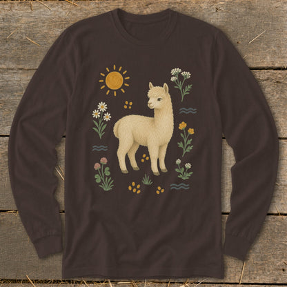 Brown long-sleeved shirt with a beige alpaca among flowers and sun illustration.