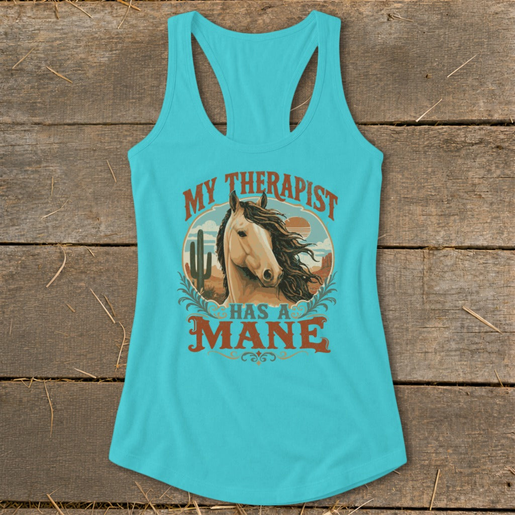 Turquoise tank top with a horse graphic and text "My Therapist Has A Mane".
