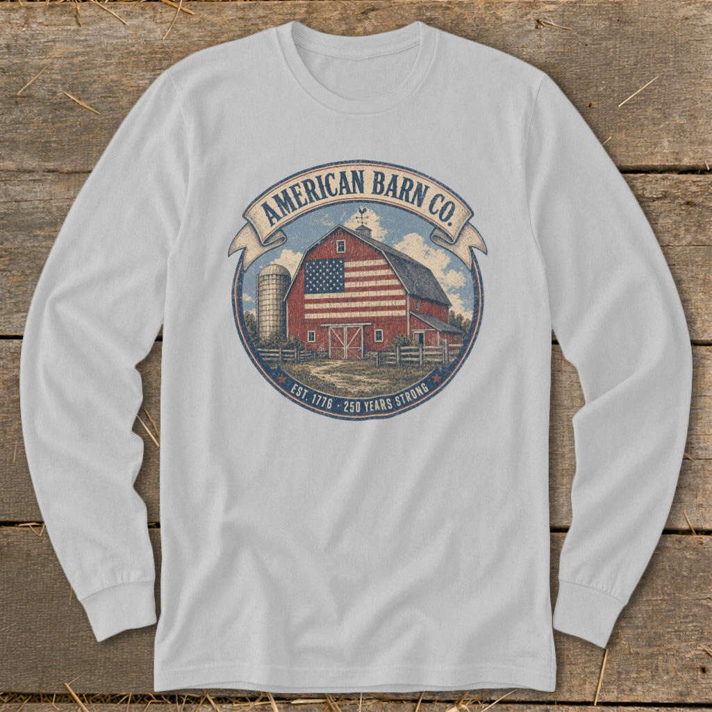 American Barn Co. graphic with barn, silo, and text "Est. 1776 - 250 Years Strong".