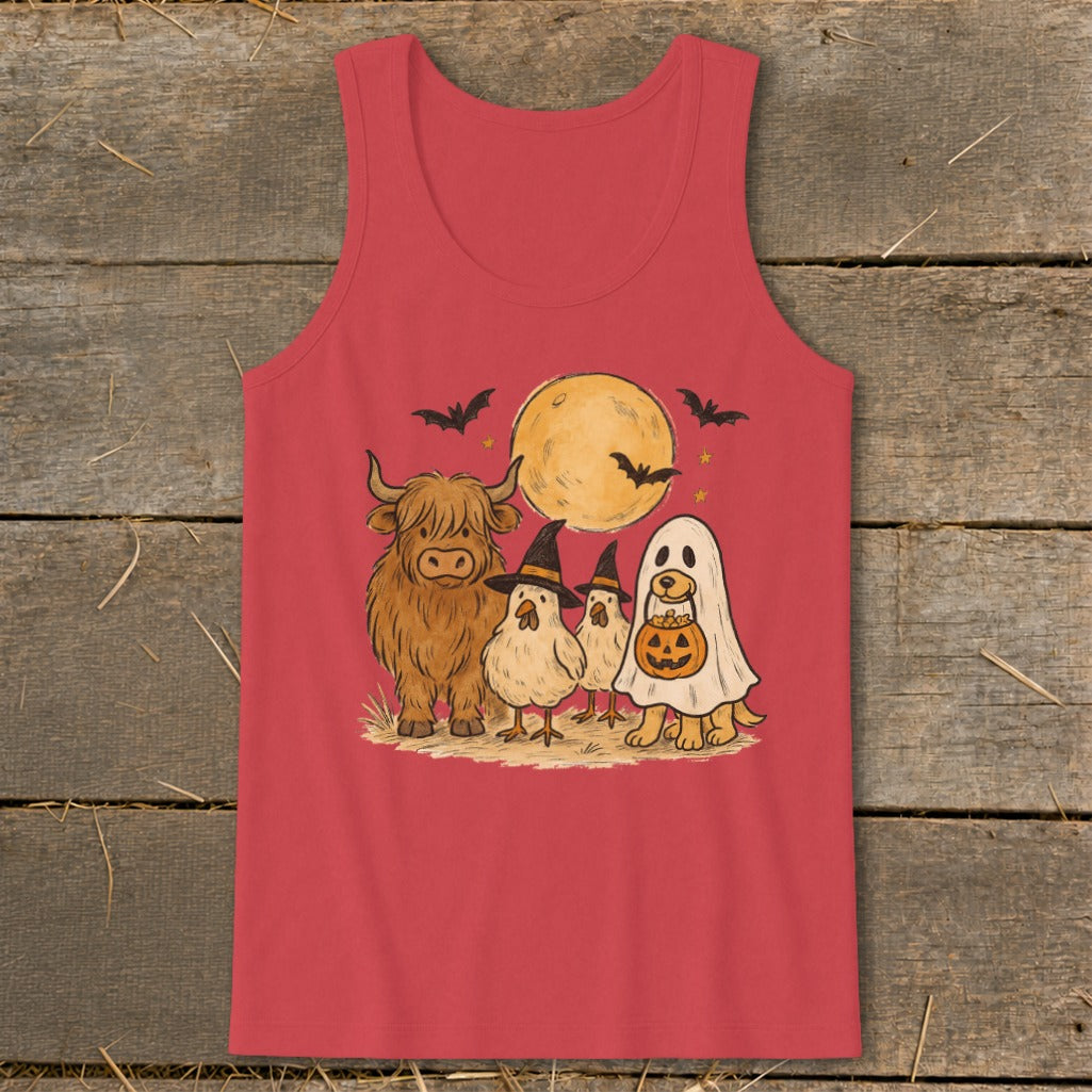 Highland cow, chickens, dog in ghost costume, and pumpkin under a full moon.