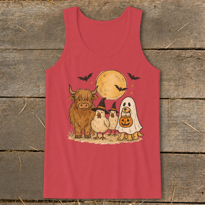 Highland cow, chickens, dog in ghost costume, and pumpkin under a full moon.