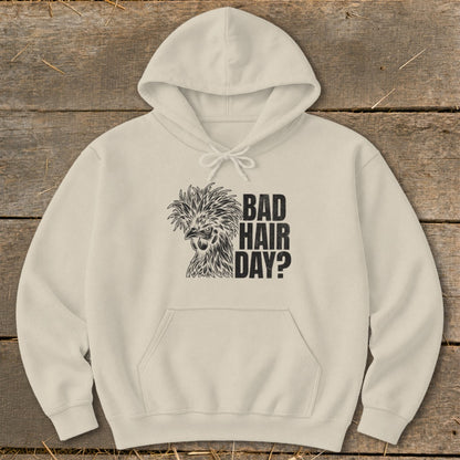 Cream hoodie with a drawing of a chicken and text that reads "BAD HAIR DAY?".
