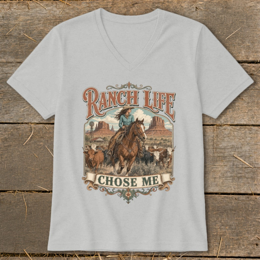 Cowgirl on horseback with cattle in front of mesas, text reads Ranch Life Chose Me.