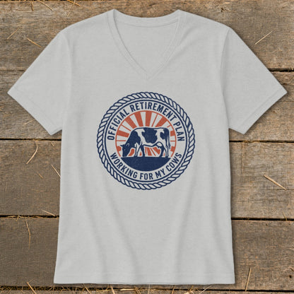 Gray v-neck t-shirt with "Official Retirement Plan Working For My Cows" circle graphic.