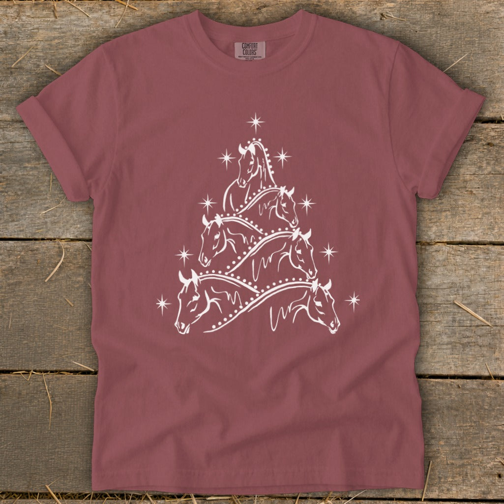 Maroon t-shirt with white horse Christmas tree graphic and Comfort Colors tag.