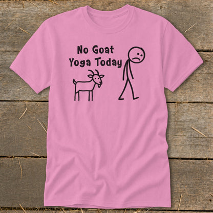 Pink t-shirt with black text "No Goat Yoga Today" and stick figure art.
