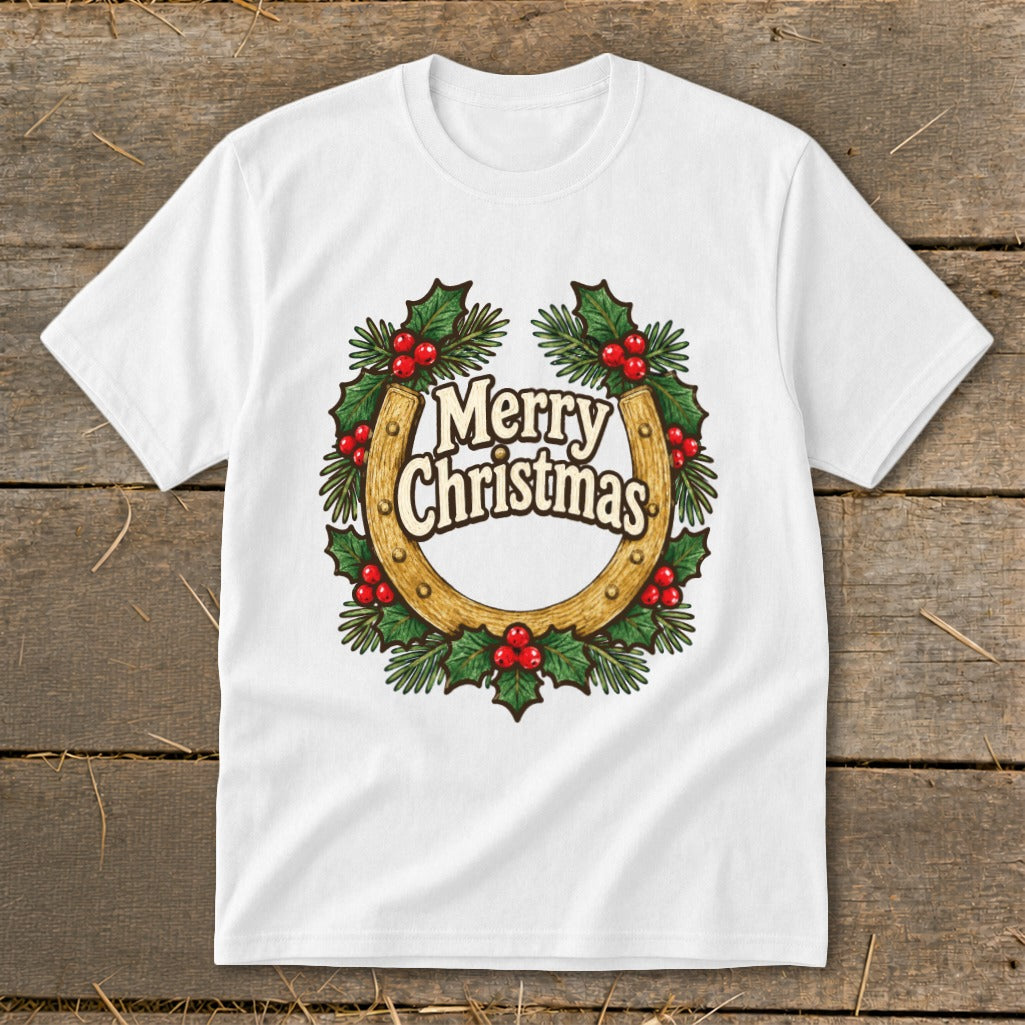 White t-shirt with horseshoe wreath, holly, berries, and "Merry Christmas" text.