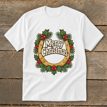 White t-shirt with horseshoe wreath, holly, berries, and "Merry Christmas" text.