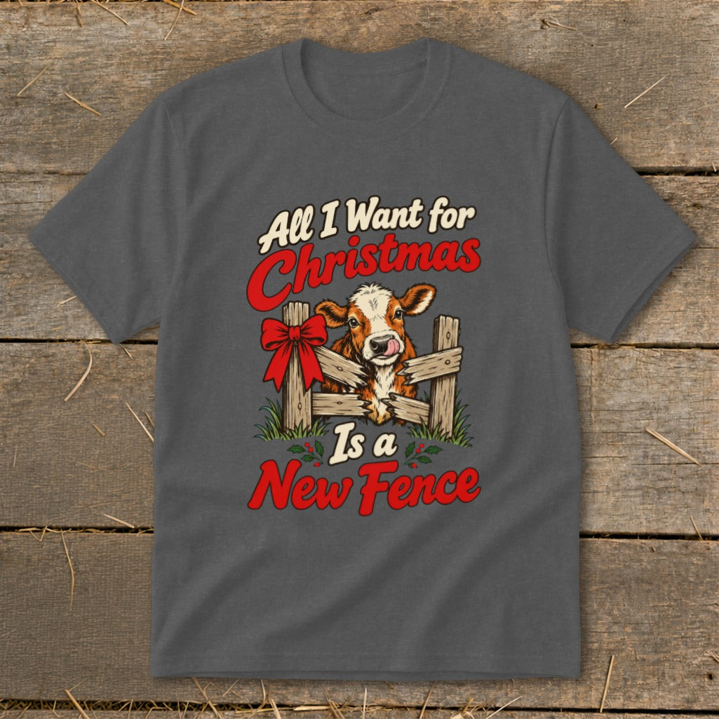 Cow behind fence with text "All I Want for Christmas Is a New Fence".