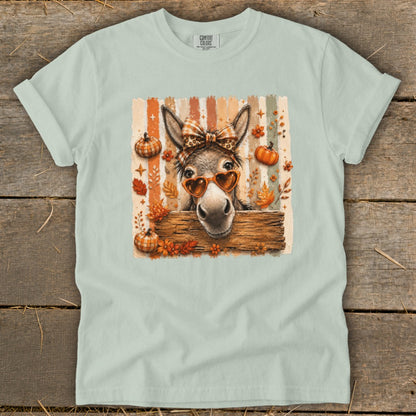 Donkey with heart sunglasses and bow, surrounded by pumpkins and autumn leaves.