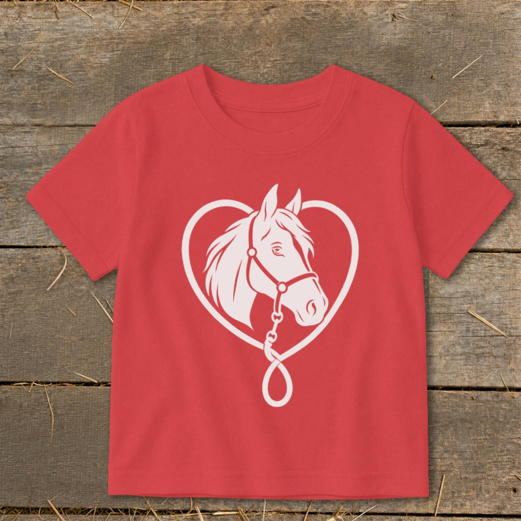 Red short-sleeve children’s t-shirt featuring a white graphic of a horse inside a heart outline.