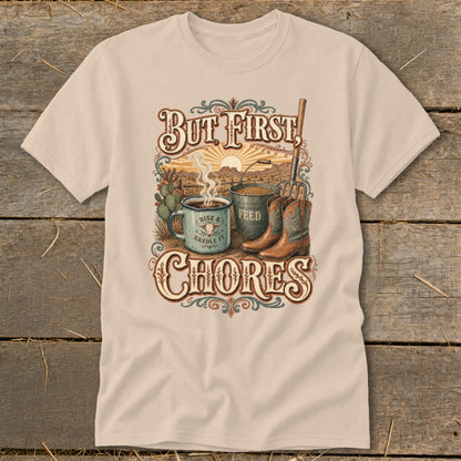 But First, Chores text with coffee mug, feed bucket, boots, and sunrise desert scene.