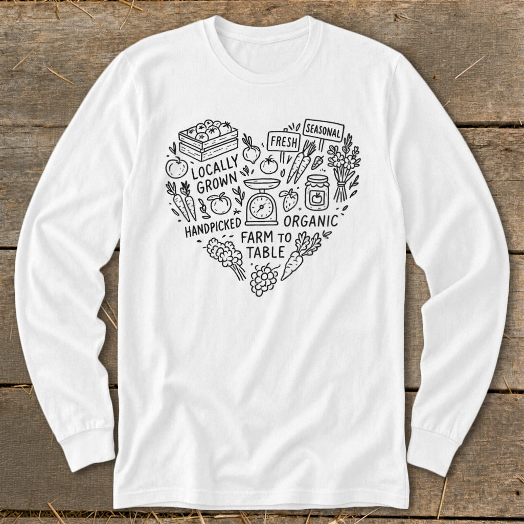 White long sleeve shirt with a heart-shaped farm-to-table illustration.