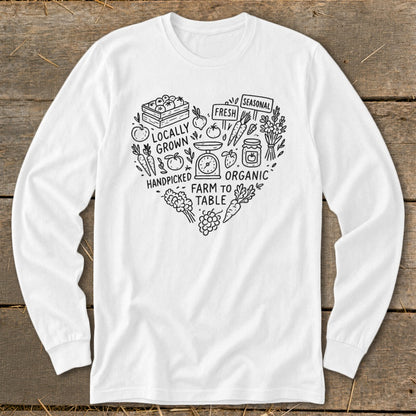 White long sleeve shirt with a heart-shaped farm-to-table illustration.