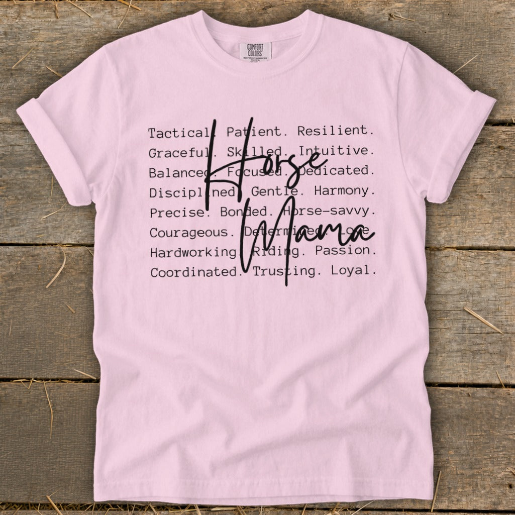 Pink t-shirt with "Horse Mama" text and descriptive words.