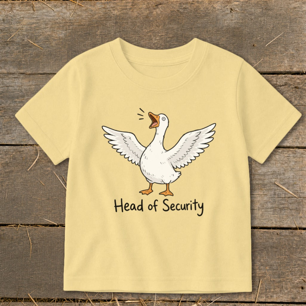 Light yellow t-shirt with a cartoon goose and "Head of Security" text.