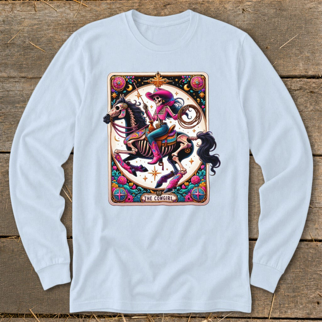 Skeleton cowgirl on a horse with "The Cowgirl" text.