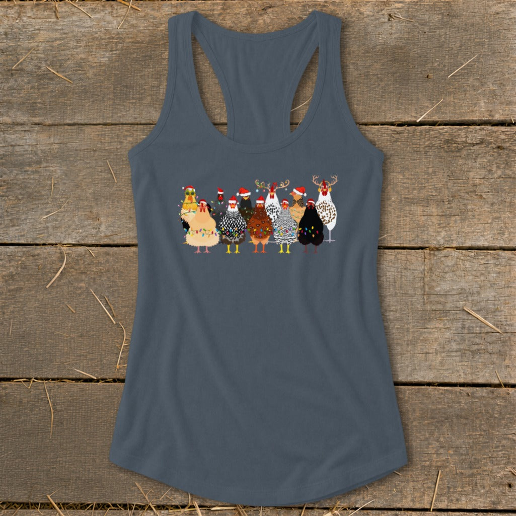 Tank top with cartoon chickens wearing Santa hats and Christmas lights.