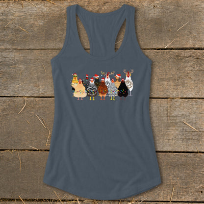 Tank top with cartoon chickens wearing Santa hats and Christmas lights.