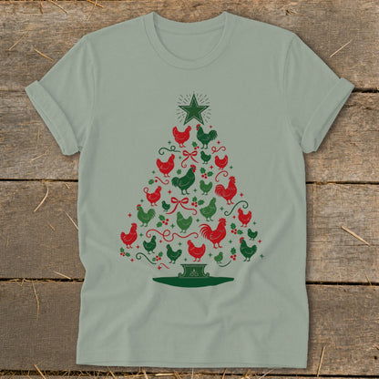 Green t-shirt with a Christmas tree shape made of red and green chickens.