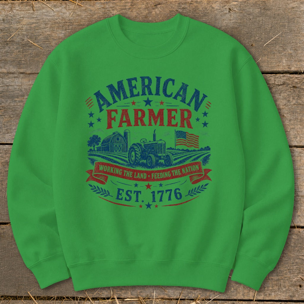 American Farmer Est. 1776 graphic with tractor, barn, and flag.