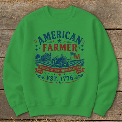 American Farmer Est. 1776 graphic with tractor, barn, and flag.