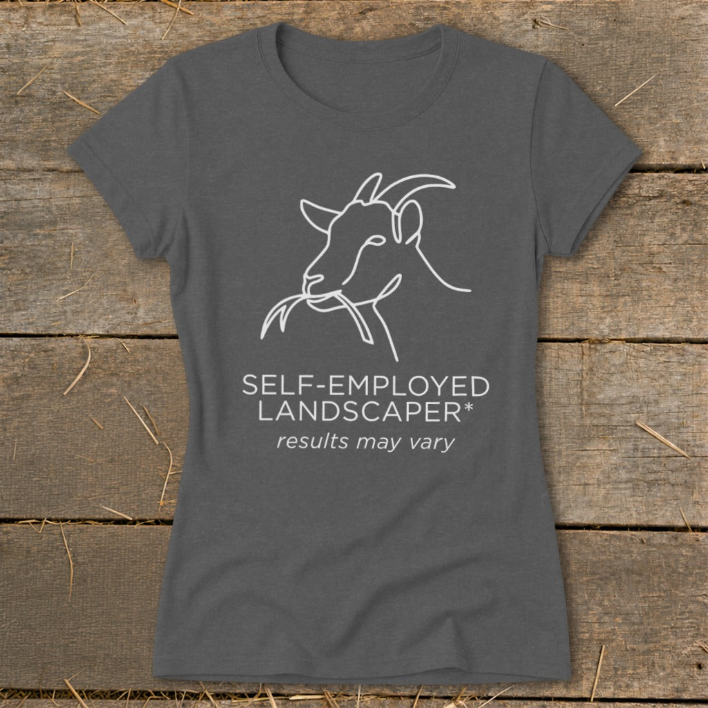 Grey t-shirt with white line drawing of a goat eating grass and text.