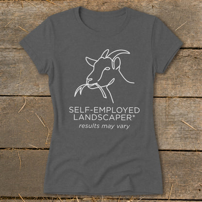 Grey t-shirt with white line drawing of a goat eating grass and text.