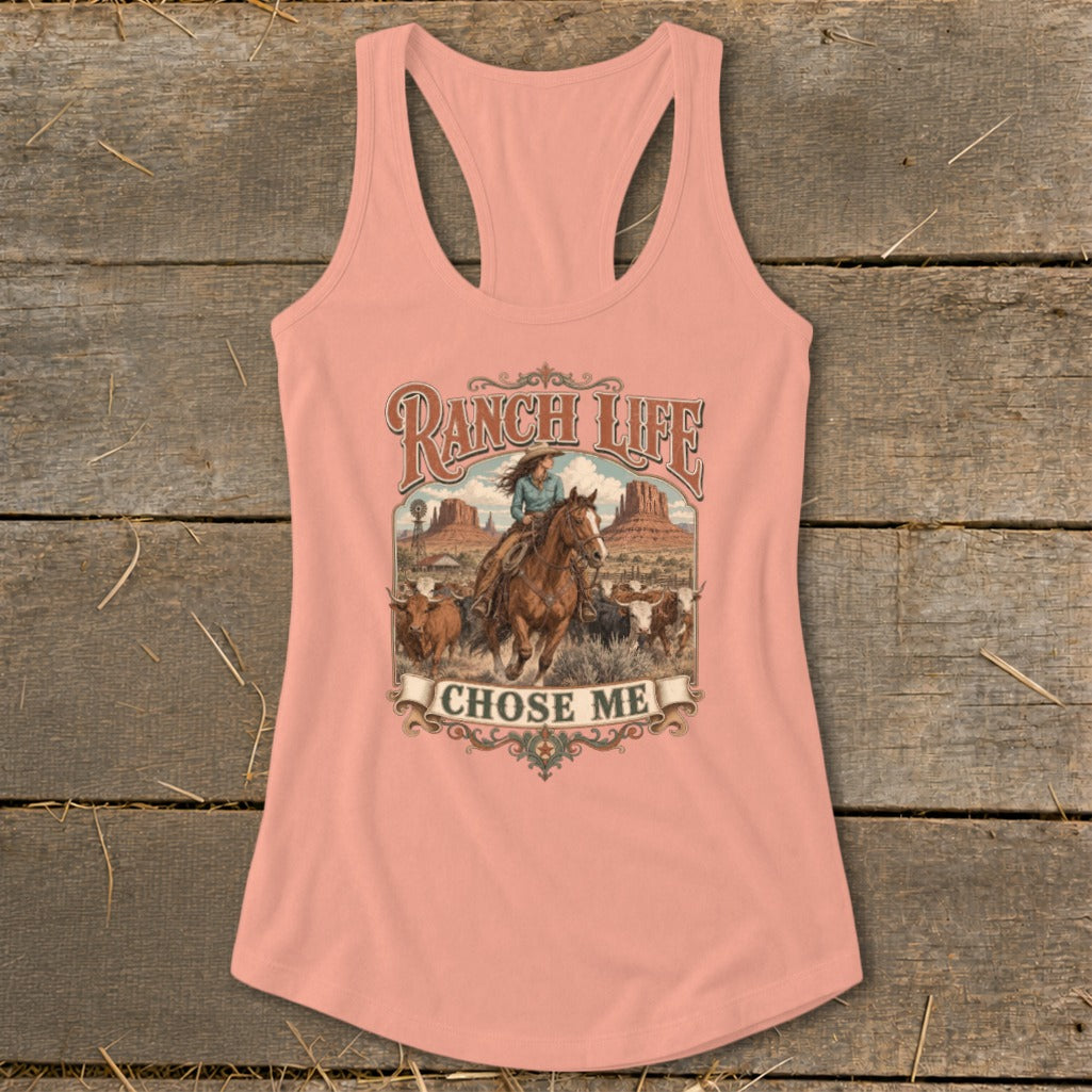 Ranch Life Chose Me graphic on peach tank top with cowboy, horse, and cattle.