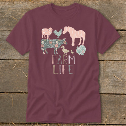 Maroon t-shirt with "FARM LIFE" text and farm animals including a cow, horse, and chickens.