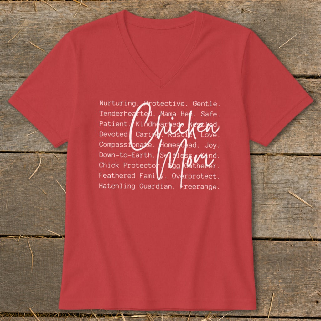 Red v-neck t-shirt with white text "Chicken Mom" and descriptive words.