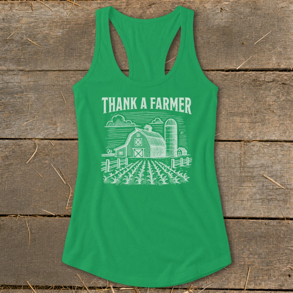 Green tank top with "Thank A Farmer" text and farm graphic.
