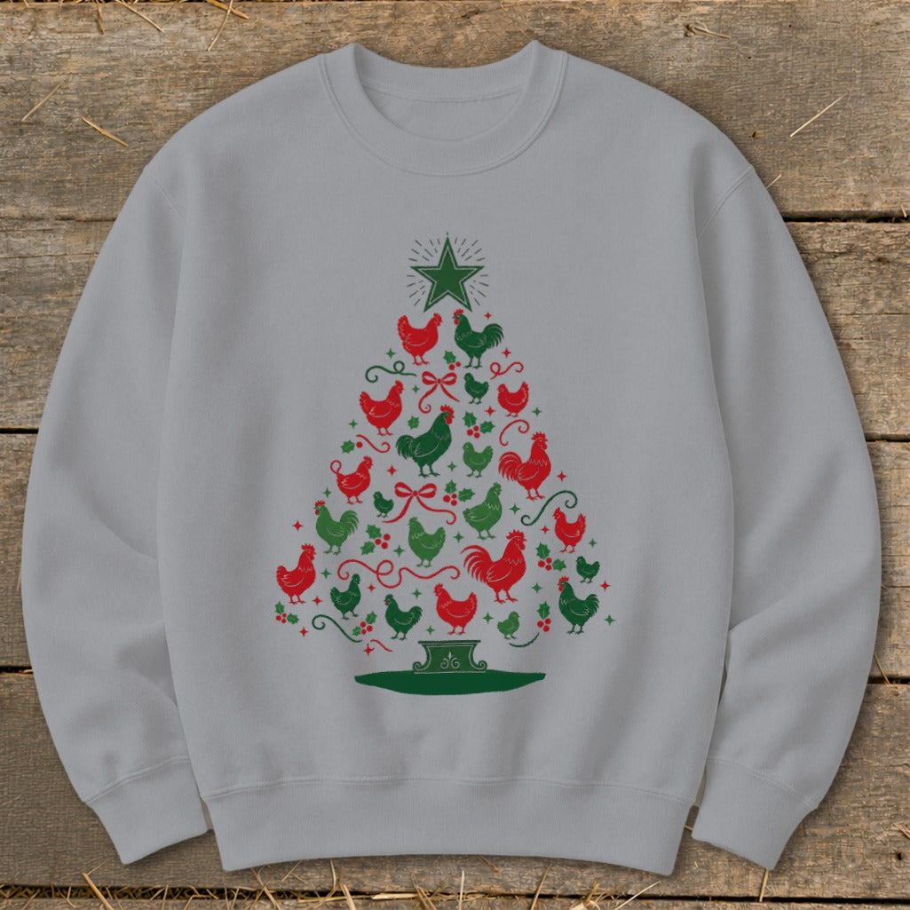 Gray sweatshirt with Christmas tree design made of red and green chickens.