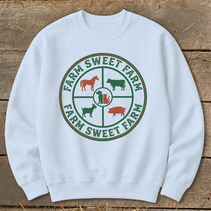 White sweatshirt with a circular farm animal graphic and "Farm Sweet Farm" text.