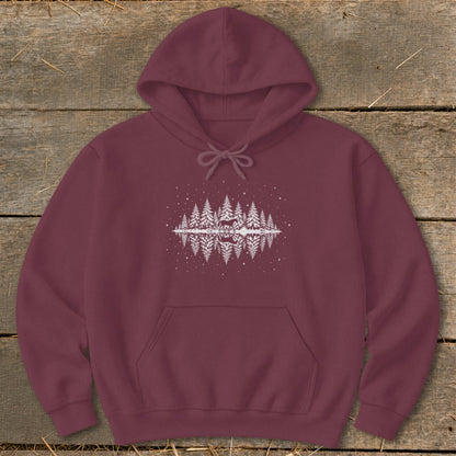 Maroon hoodie with white forest, deer, and reflection graphic on chest.