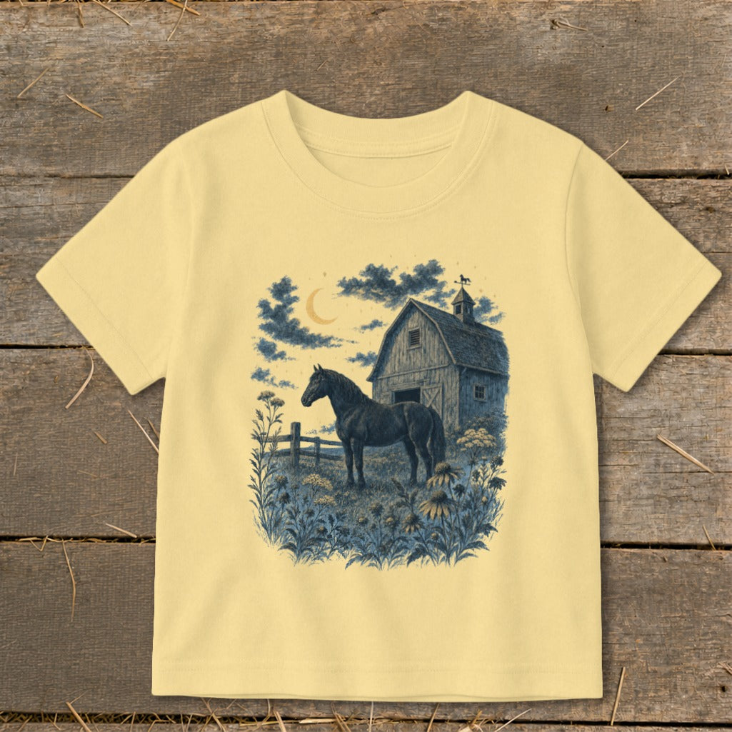 Dark horse stands in a field with a barn under a crescent moon.