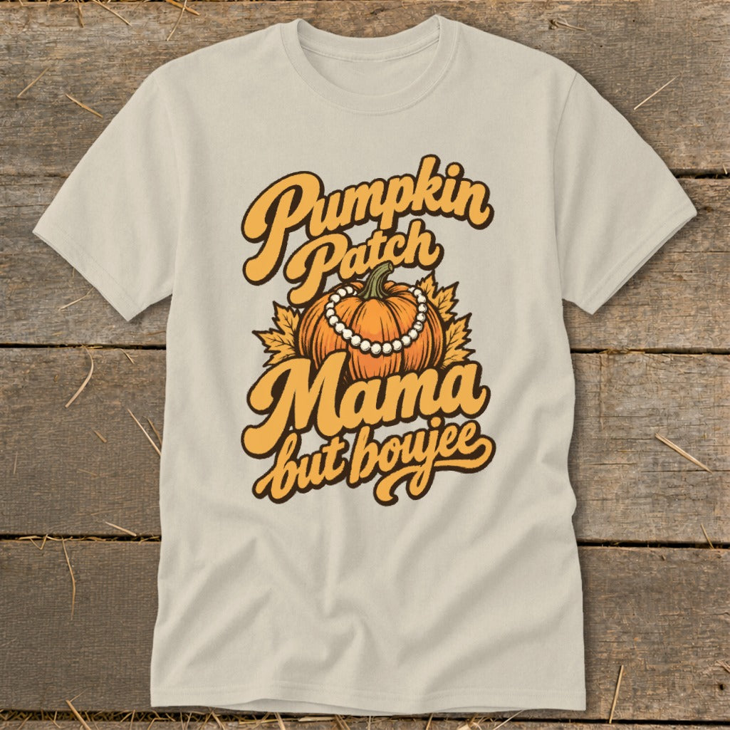 Cream t-shirt with "Pumpkin Patch Mama but boujee" text and pumpkin graphic.